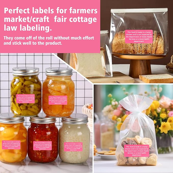 500 Count Cottage Food Law Labels Stickers, 2x1 Inch Made in a Home Kitchen Labels, Pink Cottage Law Labels for Homemade Bakery, Canning, Farmers Market Packaging, Home Kitchen (Pink-500, 2 x 1 Inch)