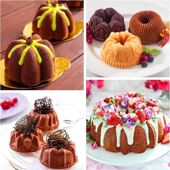 Palksky Mini Fluted Tube Pan Silicone 6-Cavity(3PCS), Multi-Cavity small Cake Baking Pan, mini moldes para chocoflan
