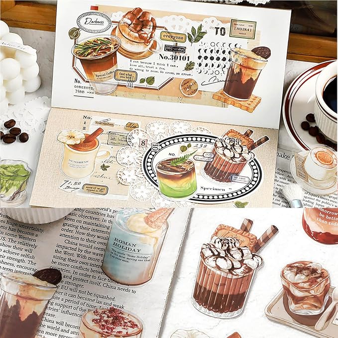 Maxleaf 80PCS Dessert Cake Clear Stickers for Scrapbook Decoration, 4 Series Retro Foods Bread Cake Coffee Stickers for Daily Life Diary Album Decoration