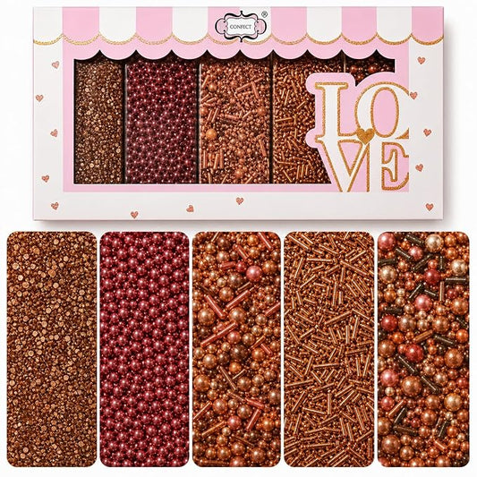 Confect Metallic Sprinkles Mix –Edible Pearl Dragees in Copper, Bronze & Rose Gold – Jimmies & Sparkling Sugar – Elegant Sprinkles for Cake & Cupcake Decorating- Vegan, Gluten-Free, Nut-Free, Soy-Free, Dairy-Free, Palm Oil-Free- 5 Oz