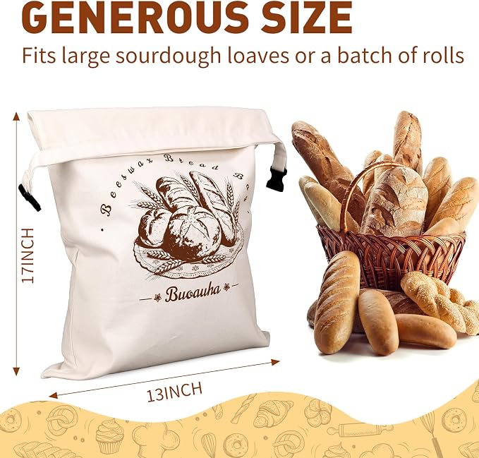 2 Pack Beeswax Bread Bags for Sourdough Homemade Bread – 17x13 Inch XL, Reusable Bread Storage Bags with Natural Cotton & Beeswax Lining to Keep Loaves Fresh, Freezer Safe