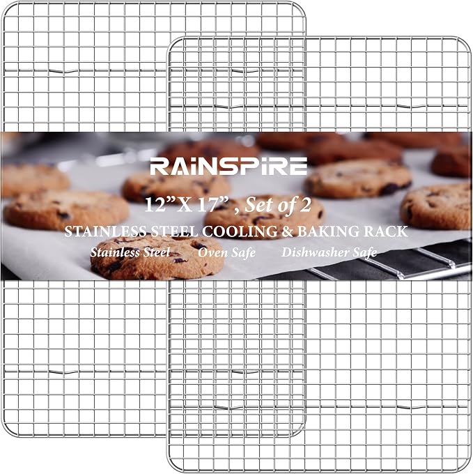 Rainspire Cooling Rack Stainless Steel, Heavy Duty Cooling Racks for Cooking and Baking, Oven Safe Wire Rack for Cooking, Baking Rack for Oven Cooking Fits Half Sheet Cookie Pan, 12" x 17", 2-Pack
