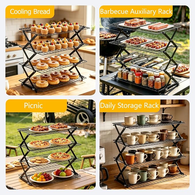 Cooling Racks - Upgraded 4 Tier Collapsible Bread Cooling Rack with Adjustable 3 Setting Design Foldable Stackable Wire Cookie Rack Large Cookie Cooling Racks for Cooking and Baking Gifts for Women