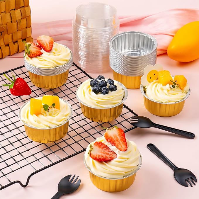 60Pcs Mini Loaf Pans with Lids and Spoons, Aluminum Foil Baking Pans, Round Mini Cake Pan, Brownie Baking Cups for Picnics Party (Gold)