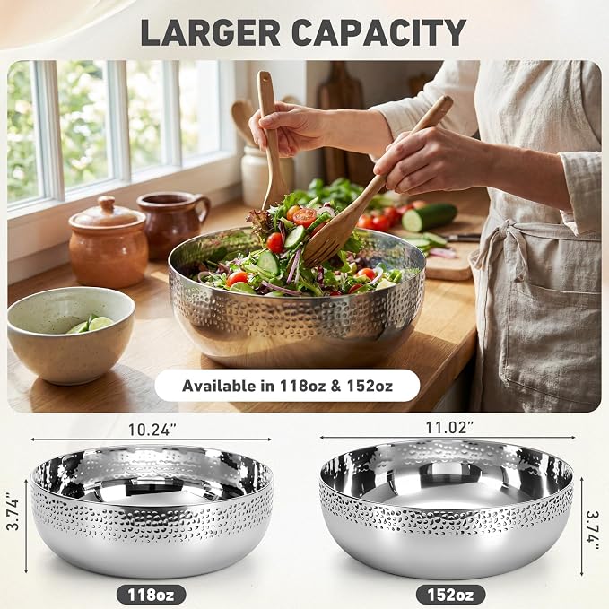 Honeydak 2 Pack Stainless Steel Hammered Salad Bowl 118oz & 152oz Large Metal Serving Mixing Bowl Decorative for Popcorn Fruit Kitchen Cooking Baking Salad Prep Food Storage