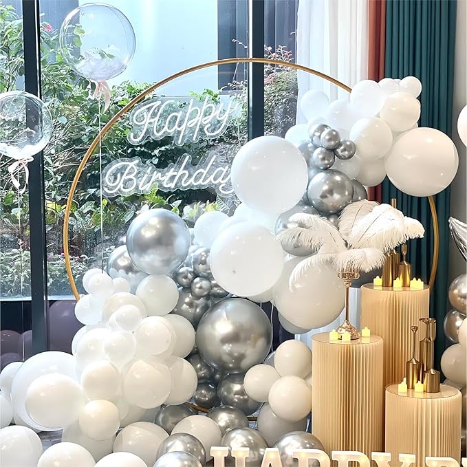 136pcs White and Silver Balloons Garland Arch Kit With Clear Balloons,18 12 10 5 Inch Party Latex Balloons for Birthday Wedding Anniversary Party Decorations