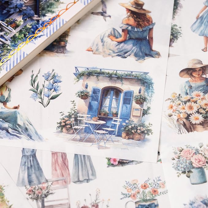 YagCu Garden Junk Journal Stickers, 50 Sheets Washi Journaling Sticker Book, Scrapbook Supplies, Watercolor Scrapbooking for Adults, Blue Decorative Ephemera Arts Craft