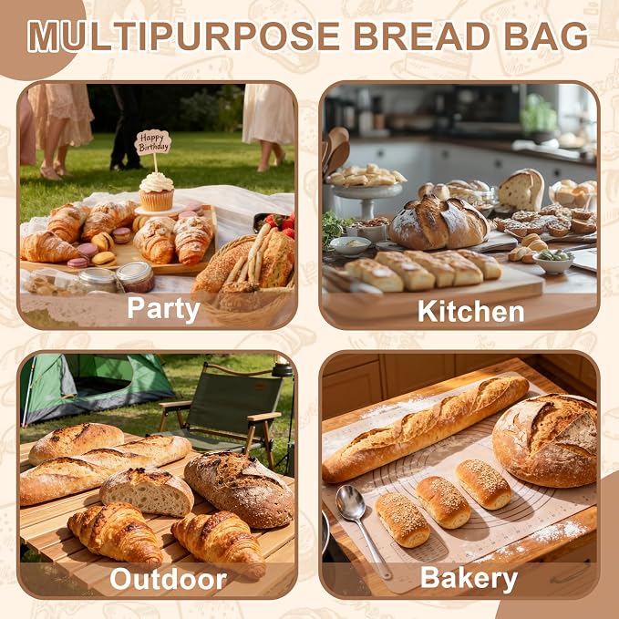 2pack Beeswax Linen Bread Bag Large Reusable Sourdough Bread Bags | 17 x 12 in, Beeswax Liner, Buckle Closure, Keep Bread Fresh, Baking Storage, Green Leaves Design