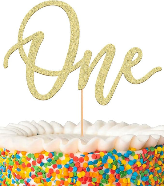MYAMPED First Birthday Cake Topper - Glitter Gold One Sign 1st birthday Cake Decorating Supplies, Suitable for Baby Shower Favors, Gender Reveal, Baby Birthday Party or Baby Photo Booth Props