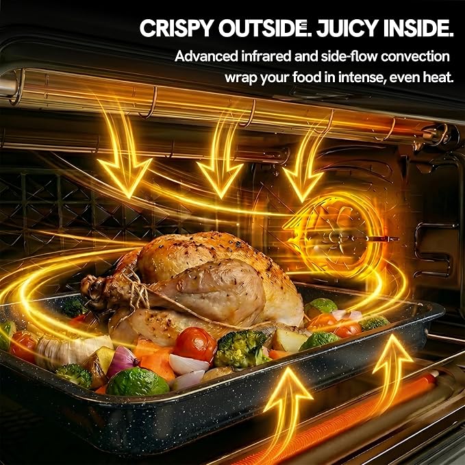 VAL CUCINA 26.3 QT Non-Toxic Enamel Interior Air Fryer Toaster Oven Combo, 10-in-1 Convection Countertop Oven with Infrared Heating, Fits 12" Pizza & 6 Slice Toast, Easy Clean Enamel Baking Pan