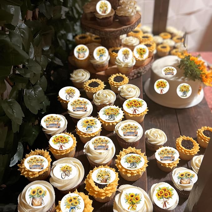 36 Pack Edible Sunflowers Cupcake Toppers Wafer Paper Floiwers Cupcake Picks Edible Yellow Sun Flower Cake Decor for Sunflower Theme Party Wedding Baby Shower Birthday Supplies (Round)