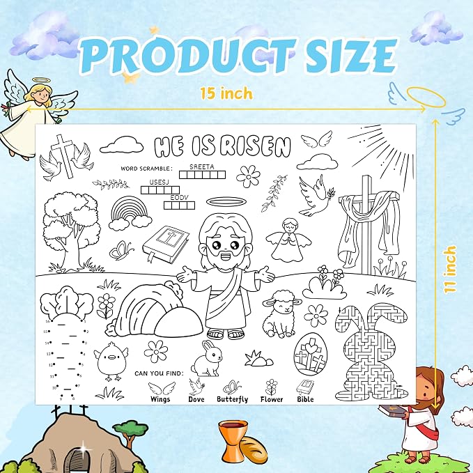 45pcs He is Risen Disposable Coloring Placemats Easter Christian Crafts for Kids Sunday School Easter Party Favors Coloring Poster Religious Activity Church Supplies Paper Table Mats