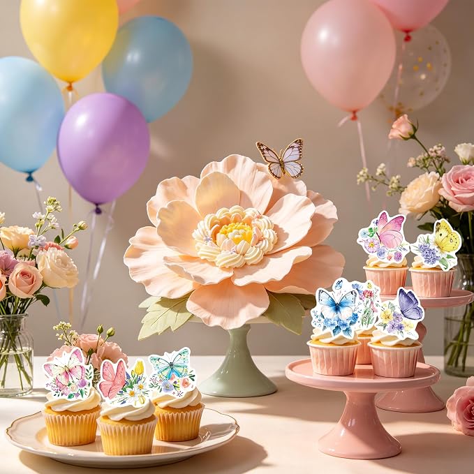 72Pcs Edible Butterfly Flower Cupcake Toppers Wildflower Cupcake Toppers Baby Shower Girl Butterfly Flower Floral Birthday Party Decoration Supplies
