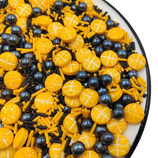 Basketball Sprinkles for Cake Decorating, Edible Sugar Pearl Cake Decorations Black and Orange Jimmies Sprinkles for Cupcake Toppers Baking Cookie Donuts Ice Cream Toppings
