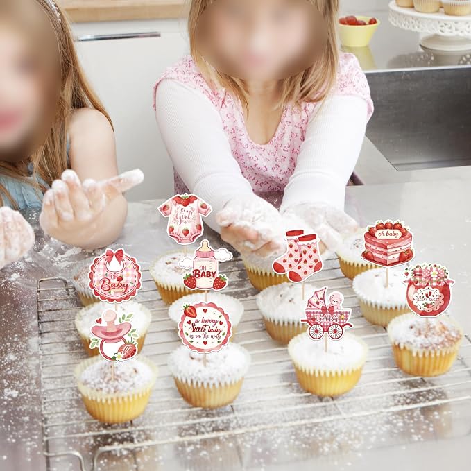 36 Pack Baby Shower Cupcake Toppers Double SidedBaby Bear Socks Clothes Strawberry Cupcake Picks A Berry Sweet Baby On The Way Cake Decorations for Gender Reveal Birthday Party Supplies