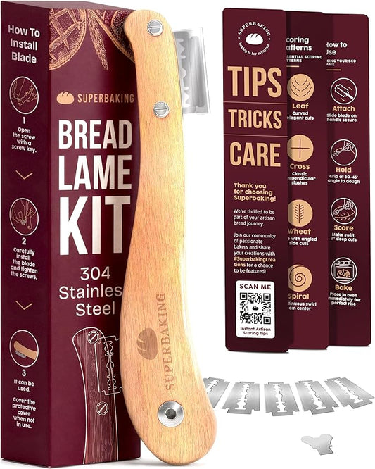 Superbaking Bread Lame - Sourdough Scoring Tool with 5 Extra Blades - Baking Supplies for Home Bakers - Sourdough Razor Scorer - Bread Making Tools - Gift for Bakers - Premium Ergonomic Wooden Handle