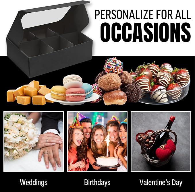 100 pcs Black Mini Truffle Box for 6 treats with Window and Dividers, Bakery Boxes, 5 x 3.5 x 1.57 Inches VERY SMALL Baking Boxes, Square Truffles Decorating Supplies for Gift Giving
