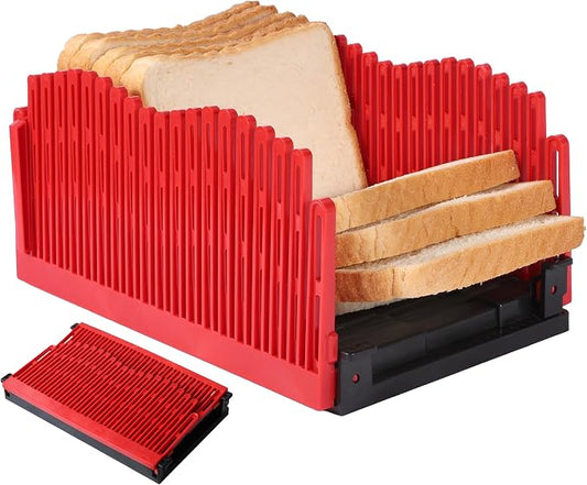 Bread Slicer for Homemade Bread - Adjustable Foldable Compact | For home bakers. Scale markings for even slicing, non-slip base for safety, crumb tray for easy cleanup & storage