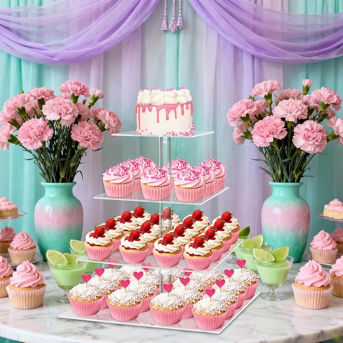 Cupcake Stand, 4 Tier Cupcake Stands for 52 Cupcakes, Square Acrylic Dessert Table Display, Clear Cupcake Tower Holder Display for Birthday, Wedding, Baby Shower, Party