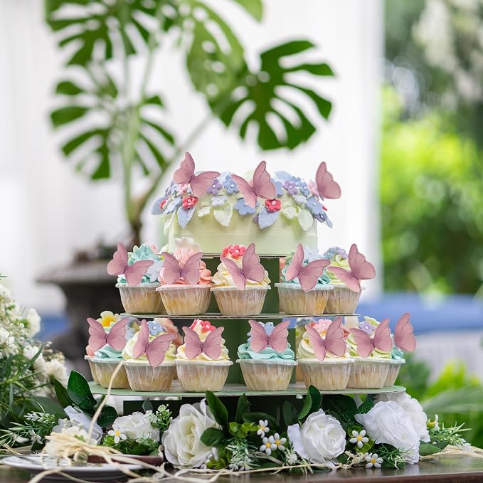 Gyufise 48pcs Butterfly Cake Decorations - Edible Wafer Paper Butterflies & Cupcake Toppers in Pink