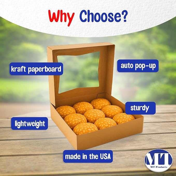 MT Products Kraft Cookie Boxes 8" x 8" x 2.5" - Auto Pop-Up Bakery Boxes with Window (Pack of 25) - Made in the USA