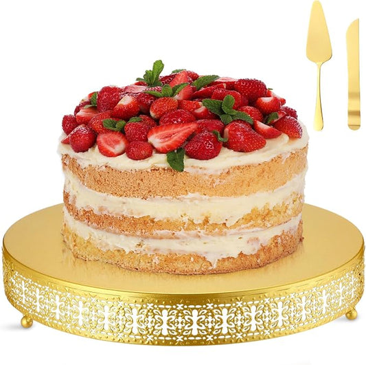 Wenqik 16 Inch Gold Cake Stand Set Metal Round Cupcake Dessert Wedding Cake Stand with Cutting & Spatula Cookies Display Holder Fruit Serving Tray for Table Wedding Birthday Anniversary Party