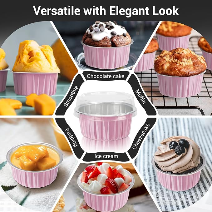 EUSOAR Baking Cups with Lids, Pink 25Pcs 5oz Disposable Aluminum Foil Mini Muffin Liners, Dessert Cheesecake Pan Creme Brulee Cupcake Ramekins Containers Oven Safe for Catering Club Wedding Party