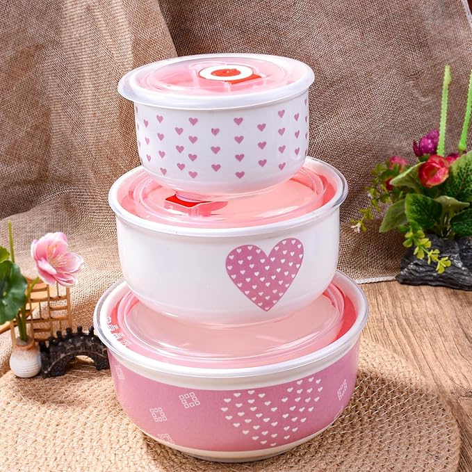 Pink Heart Ceramic Nesting Food Storage Bowls with Lids, Set of 3, Cute Mixing Bowls for Meal Prep, Serving, and Storage, Microwave & Dishwasher Safe