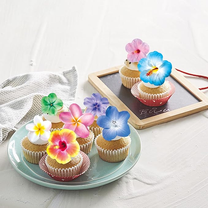 48 PCS Edible Flowers Cupcake Toppers Wafer Paper Birthday Party Hawaiian Birthday Party Decoration Wedding Themed Party Cake Decoration