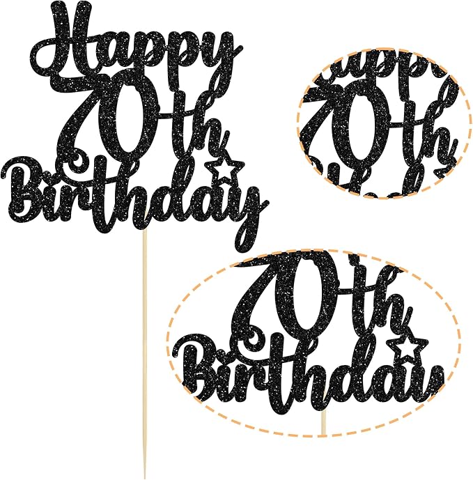 Gyufise 1Pc Happy 70th Birthday Cake Topper Glitter 70 & Fabulous Cheers to 70 Years 70th Birthday Cake Pick for Celebrating 70th Birthday Anniversary Party Cake Decorations Supplies Black