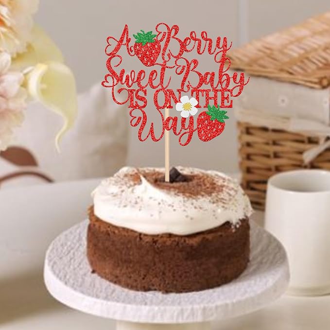 1 PCS A Berry Sweet Baby is On The Way Cake Topper Flower Strawberry Sweet One Cake Pick Berry 1st Birthday Cake Decorations for Baby Shower Gender Reveal Strawberry First Birthday Party Supplies