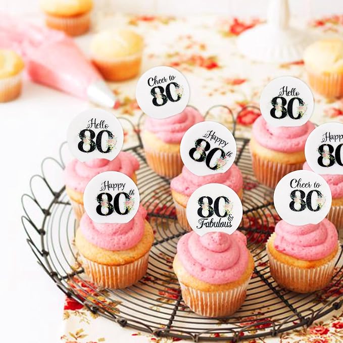 40Pcs Edible Circle Happy 80th Birthday Cupcake Toppers Edible Floral Hello 80 Fabulous Cheers to 80 Cupcake Picks Drink Toppers for Funny Female Floral 80th Birthday Party Decorations