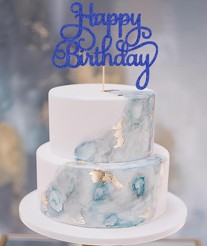 Happy Birthday Cake Topper - Royal Blue Glitter Birthday Party Cake Decoration Supplies, Photo Booth Props