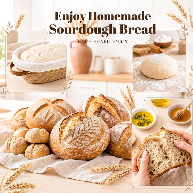 Sourdough Starter Kit with Round & Oval Banneton, Sourdough Bread Baking Supplies, Bread Proofing Basket Set with Glass Starter Jar, Sour Dough Bread Making Tools Kit for Women Mom Wife Beginners