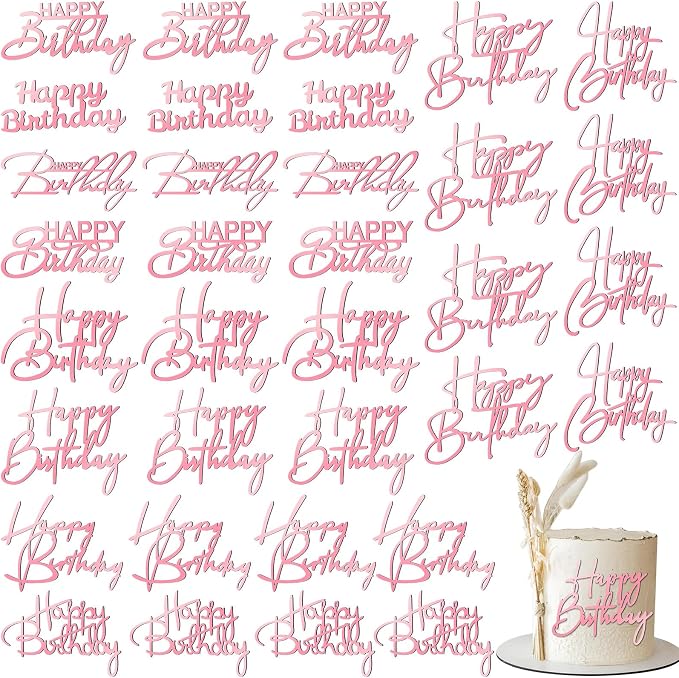 Barydat 50 Pcs Happy Birthday Cake Toppers Bulk Mirror Acrylic Cupcake Topper Decorations Happy Birthday Sign for Cake Inserts Decor Celebrate Anniversary Theme Party Supplies 10 Style(Pink)