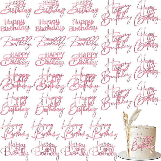 Barydat 50 Pcs Happy Birthday Cake Toppers Bulk Mirror Acrylic Cupcake Topper Decorations Happy Birthday Sign for Cake Inserts Decor Celebrate Anniversary Theme Party Supplies 10 Style(Pink)