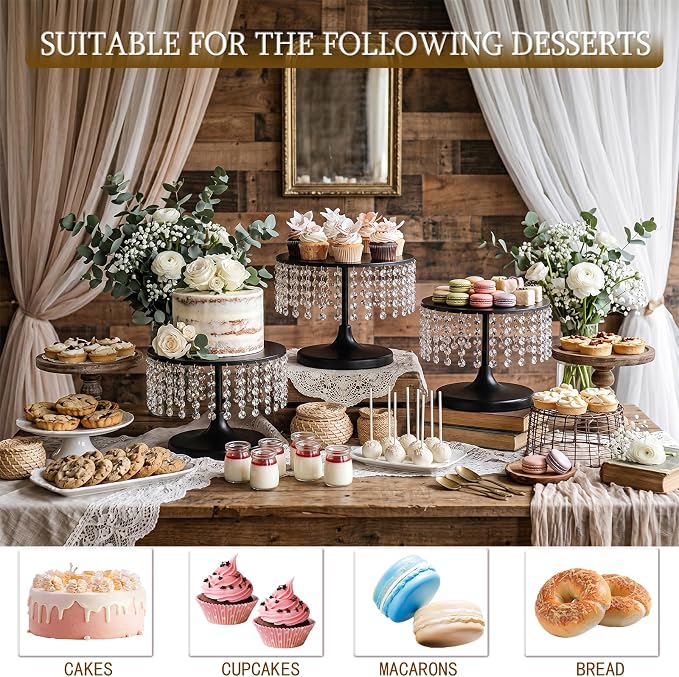 Metal Cake Stand Set with Crystal Pendants - Elegant Dessert Table Display for Weddings, Birthday Parties, Baby Showers, Events - Sturdy Crystal Bling Cupcake Stands for Pastries, Sweets, Decorations (Black, 2 PCS-L)