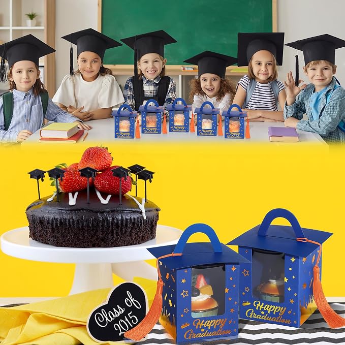 Outus 30 Pcs Graduation Cupcake Boxes Graduation Gift Box Congrats Grad Cupcake Container Candy Boxes with Window and Tassel for 2026 College High School Grad Party(Blue and Orange)