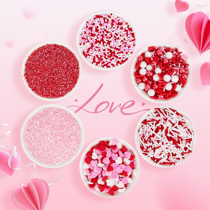 Edible Heart Sprinkles for Cake Decorating,6 Cell-6.7oz,Red Pink and White Sugar Pearls Jimmies Mix,Valentines Nonpareils Cake Decorations for Baking,Desserts,Cupcakes,Baking,Ice Cream,Cookies,Cupcake Topper,Birthday Wedding Birthday Party Decorations