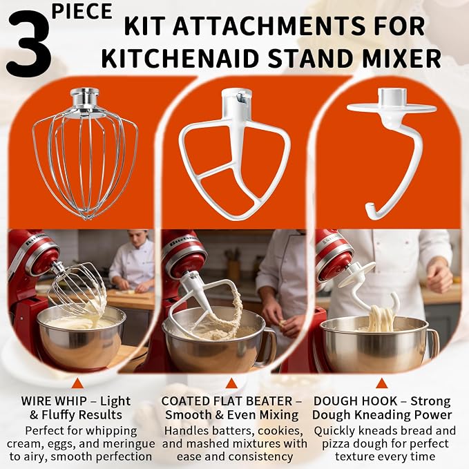 3-Piece Kit Stand Mixer Attachments Set for KitchenAid, Reinforced Stainless Steel Wire Whip & Upgraded Coated Flat Blade Paddle & Dough Hook, Fit for Kitchenaid 4.5-5QT Tilt-Head Stand Mixers