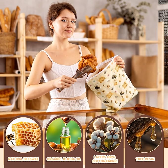 Hahafelt 2 Pack Beeswax Bread Bags with Zipper Seal for Sourdough and Homemade Bread XL Reusable Organic Linen Cotton Beeswax Loaves Food Storage Bag to Keep Fresh(Honey)