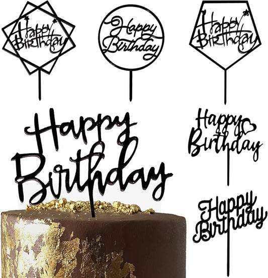 6-Pack Black Birthday Cake Topper Set, Double-Sided Shiny Black, Acrylic Happy Birthday Sign Cake Toppers/Cupcake Toppers, Party Decorations Supplies for Cool Guy.
