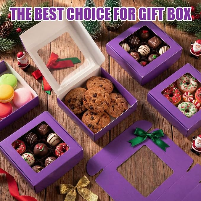 Zonon 30 Pcs Kraft Paper Boxes with Window 4.13 x 4.13 x 1.18 Inch Candy Packaging, Small Gift Boxes, Soap holder, Mini Treat Packaging for Bakery Chocolate Jewelry Display (Purple)