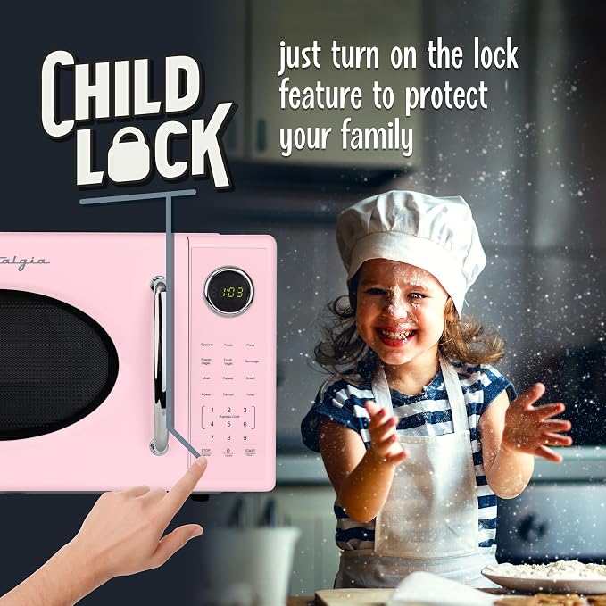 Nostalgia Retro 1000W Microwave Oven 1.1 Cu Ft Capacity – Child Safety Lock, 8 Auto-Cook Settings – Countertop Kitchen Appliance – Pink