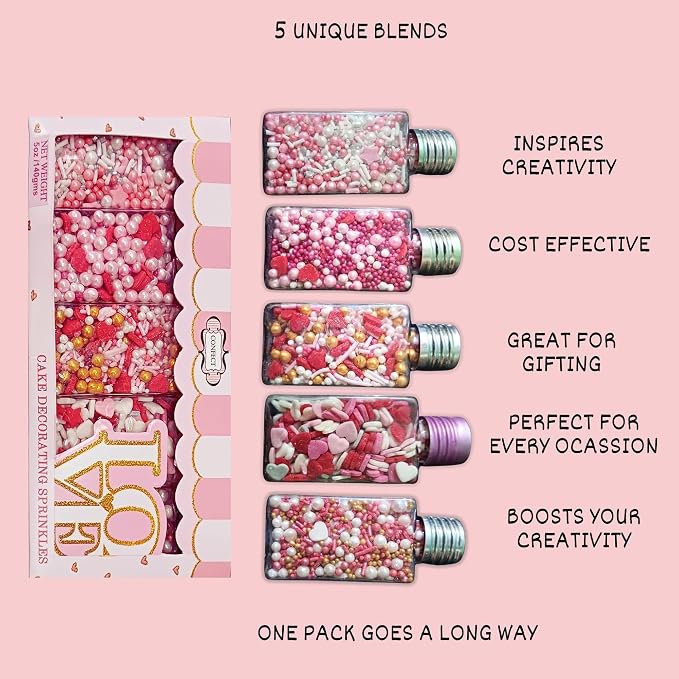Confect Pink, Red & White Pearls Sprinkles | Mix Hearts Sprinkle | Anniversary Blend for Baking & Cake Decorative | Cookie sprinkles | Edible sprinkles Mix Pack of 5 - Vegan, Gluten-Free, Nut-Free, Soy-Free, Dairy-Free, Palm Oil-Free -5 Oz