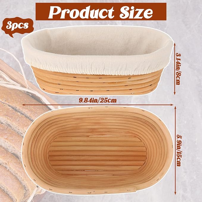 3 Pcs 10 Inch Oval Banneton Proofing Baskets, Rattan Sourdough Bread Baking Supplies with Cloth Liners for Home Bakers