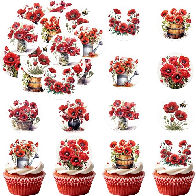 36PCS Edible Red Poppy Flowers Cupcake Toppers Wafer Paper Red Flowers Cake Picks Edible Poppy Wildflowers Cupcake Toppers for Wedding Birthday Theme Floral Cake Decor Supplies