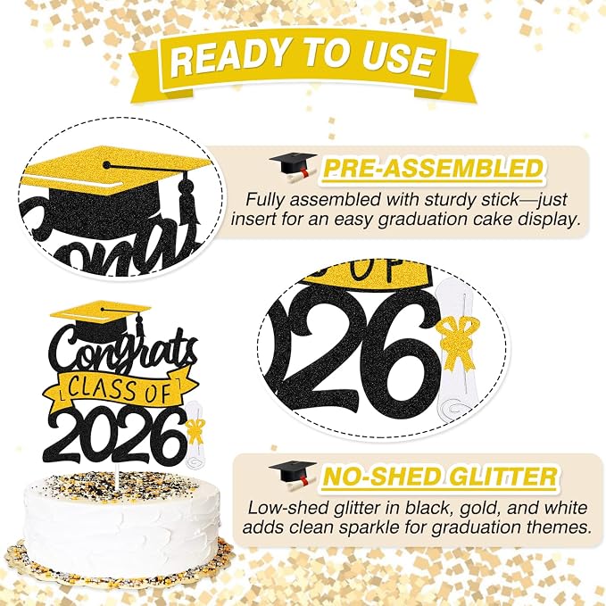 Congrats Class of 2026 Cake Topper Congrats Grad Cap Diploma Theme for High School Happy Graduation Party Supplies College Graduate Decoration (Gold)