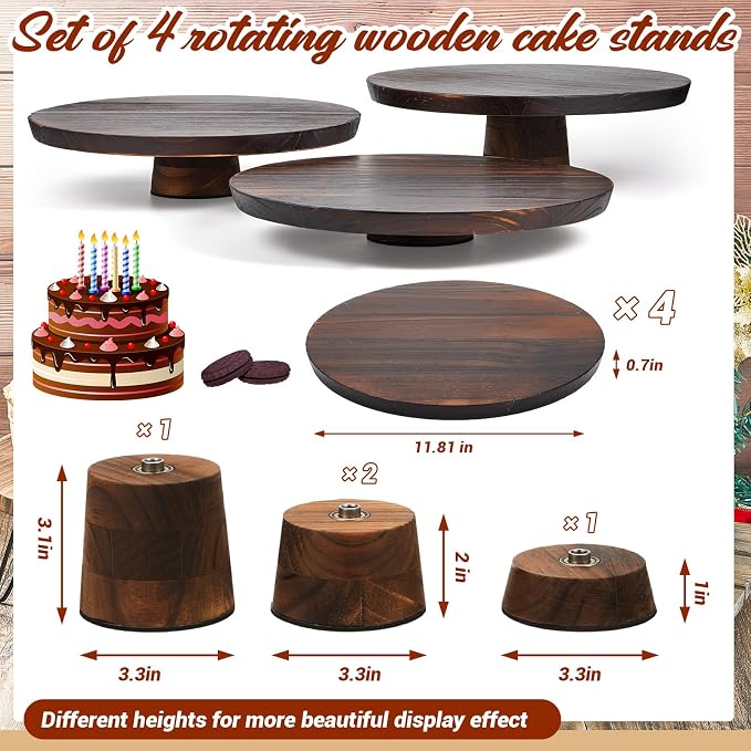 Jinei 4 Sets Wood Cake Stand Rustic 12 Inch Rotating Cake Stand Food Round Risers Turntable for Party Cake Base Wood for Display Parties Weddings Restaurants Decorating Supplies
