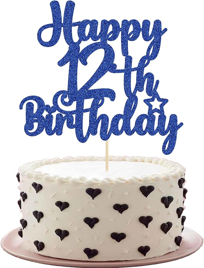 Gyufise 1Pc Happy 12th Birthday Cake Topper Glitter 12 & Fabulous Cheers to 12 Years Old Cake Pick for Celebrating 12th Birthday Anniversary Party Cake Decorations Supplies Blue